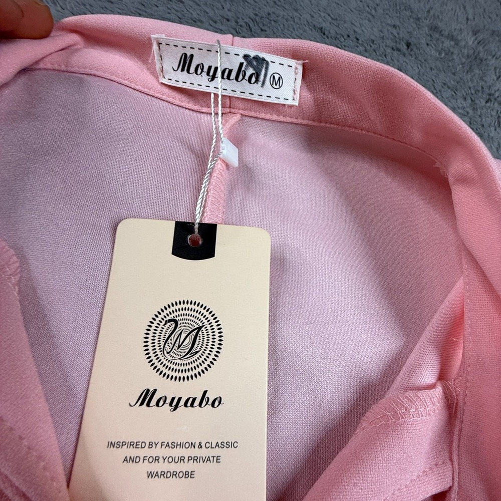 Moyabo Women's Pink Dress Size M Ruffle Sleeve V-Neck Tie Front A-Line NWT - Picture 2 of 6